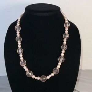 Faceted Pink & Faux Pearl Beaded Necklace 20” MCM Granny Core